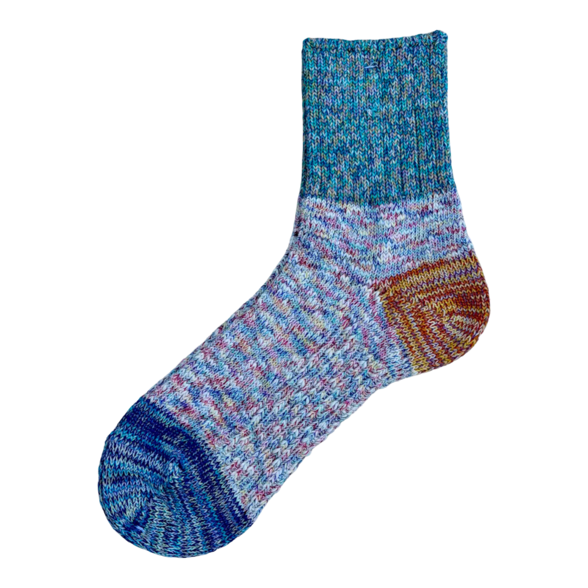 MILWORKS A Hope Hemp thick marled color block socks in blue, purple, and orange cotton hemp blend, made in Japan.