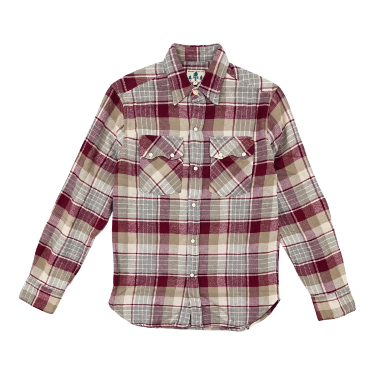 MILWORKS washed flannel pearlsnap shirt in merlot plaid with sawtooth pockets and cream pearl snap buttons