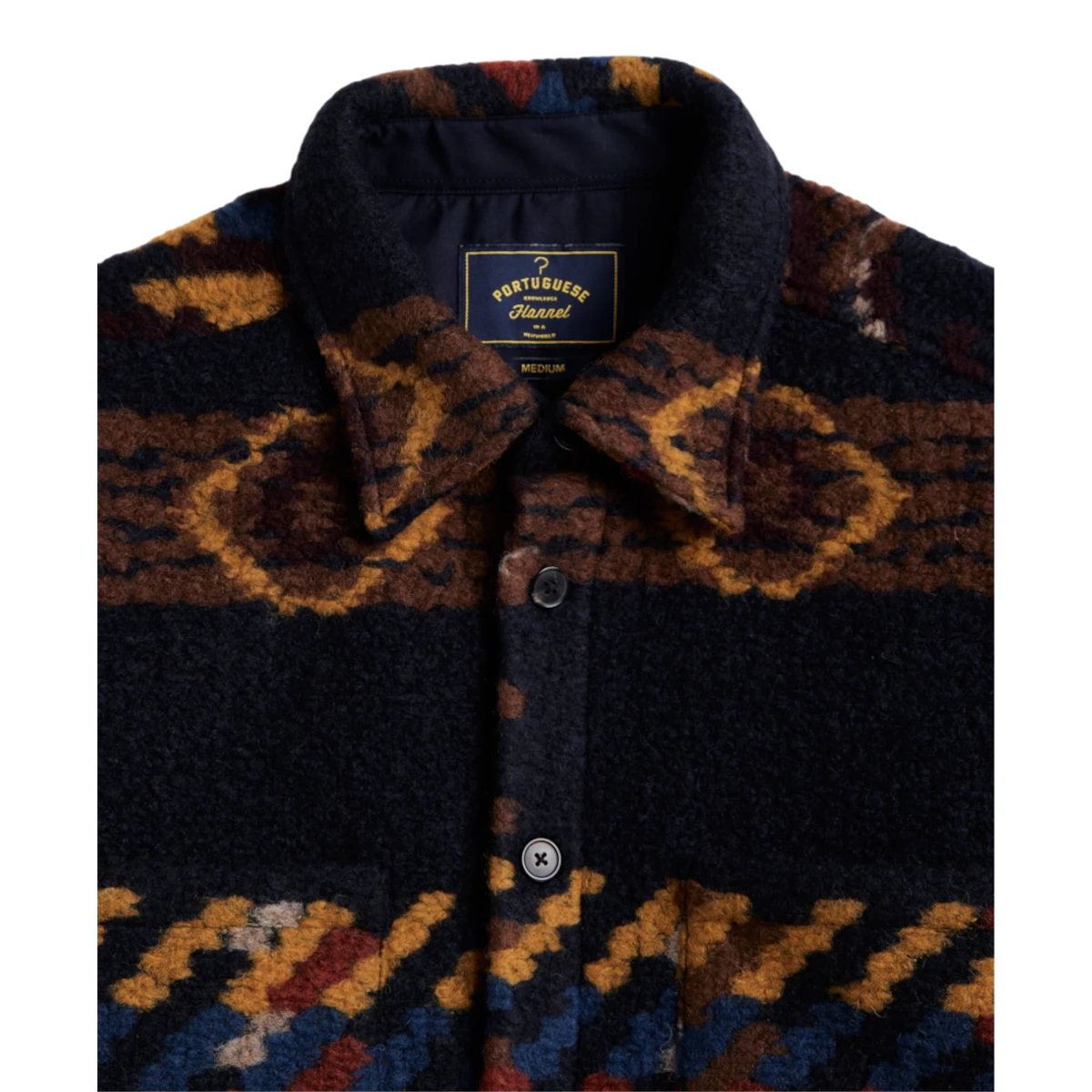 MILWORKS Mia wool blend overshirt featuring a dark patterned texture with mother of pearl buttons and collar detail.