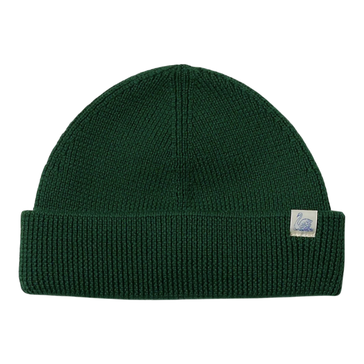 MILWORKS moss green merino wool watch cap beanie with a turnover cuff and small swan logo label
