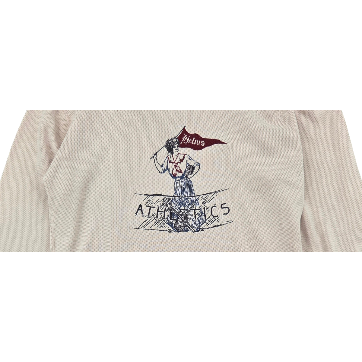 MILWORKS natural thermal shirt featuring a vintage-style multicolor embroidery of a woman holding a Helms flag