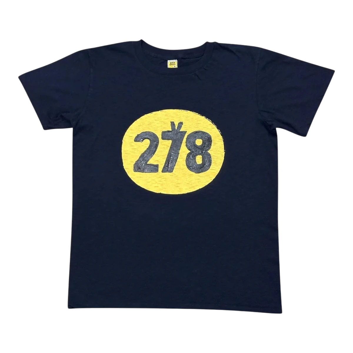 MILWORKS navy crew neck t-shirt featuring a yellow circle graphic with the number 278, made from US cotton.