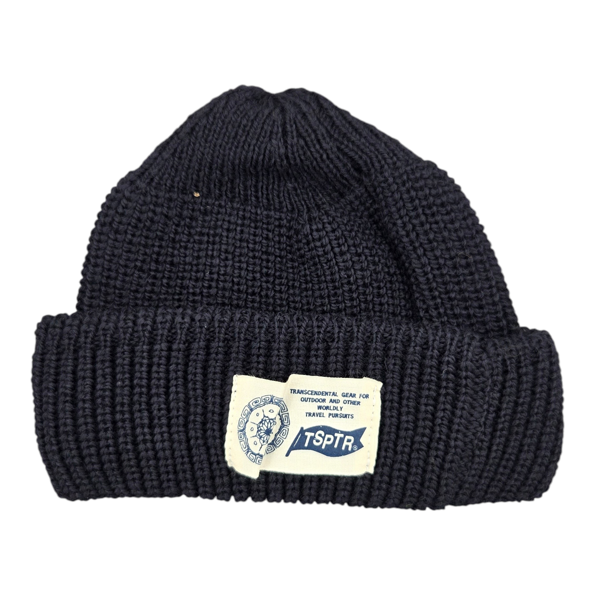 milworks.momsmic Rambler navy blue 100% Merino wool knit hat with a chunky folded cuff and TSPTR woven cactus label.