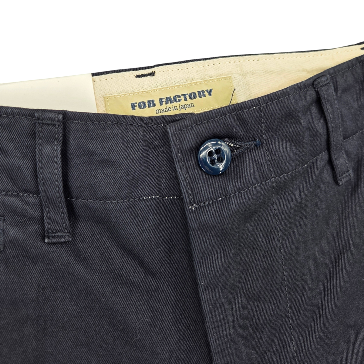 MILWORKS F0514 U.S Officer Chino in navy cotton with button fly and FOB Factory interior label