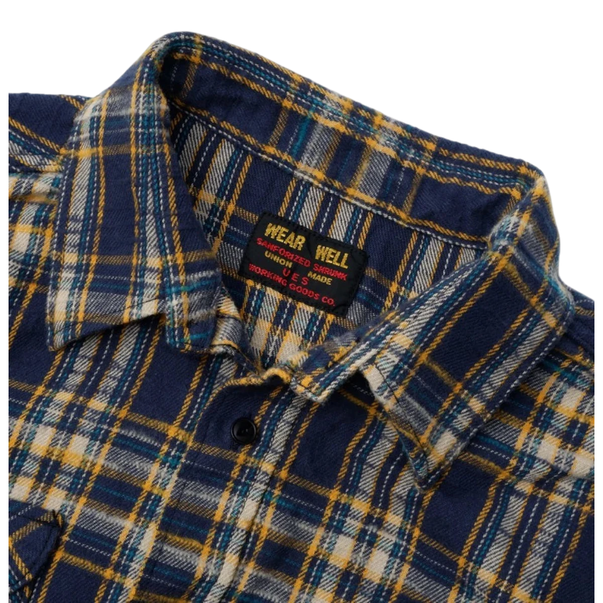 MILWORKS navy and yellow slub heavy flannel shirt with a textured check pattern and brushed finish collar detail