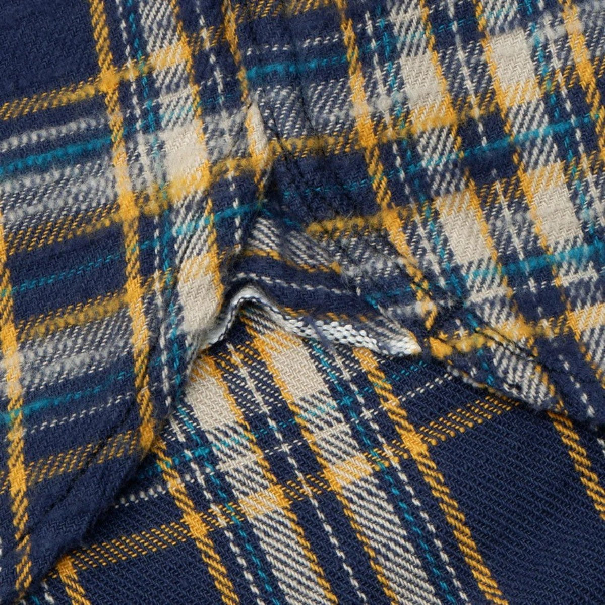 MILWORKS navy slub heavy flannel shirt with a textured check pattern in yellow and white, featuring a brushed finish.