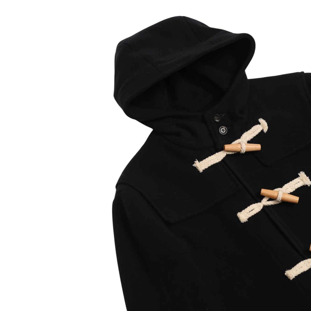 MILWORKS navy wool blend Montgomery duffle coat with hood and natural wood toggle fastenings