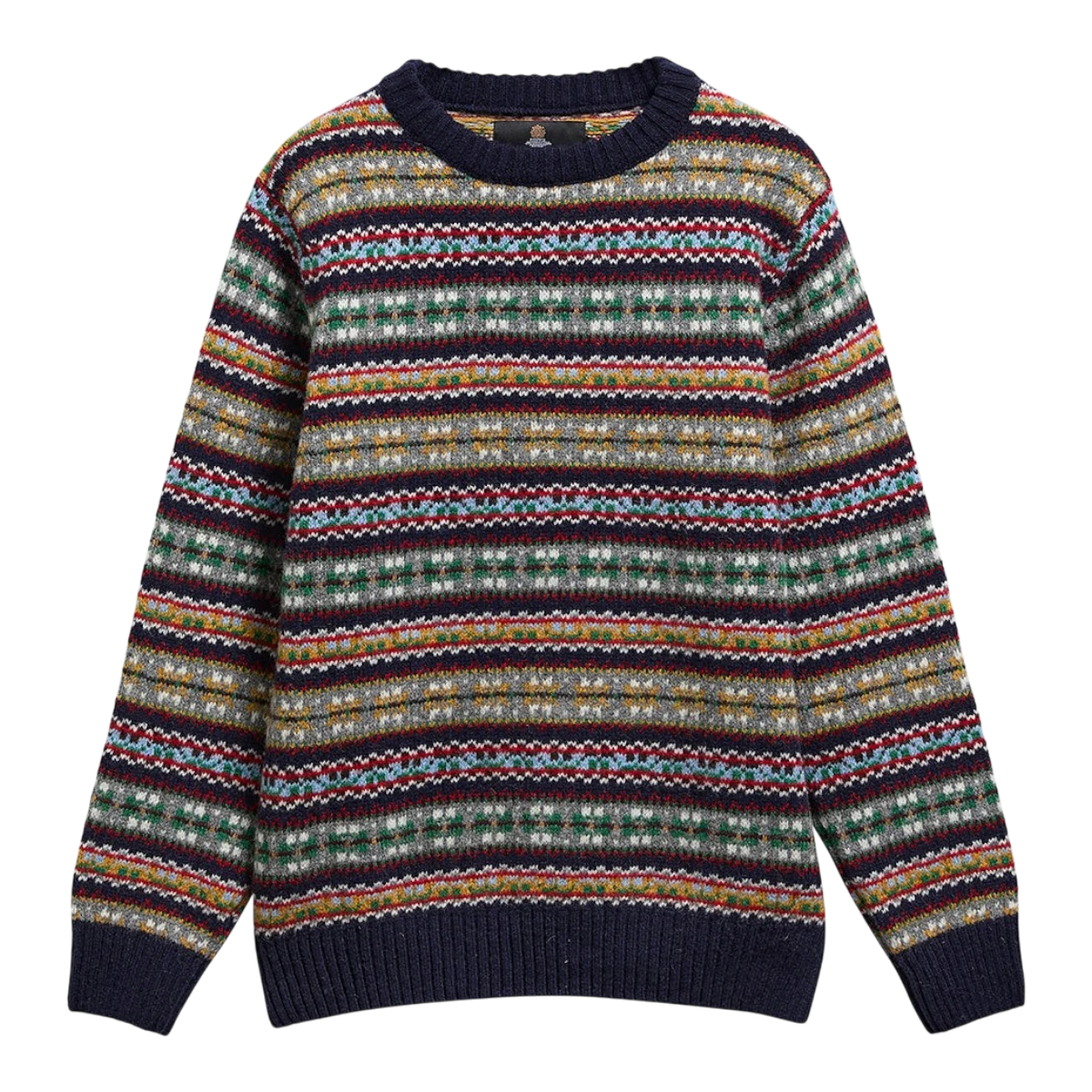 MILWORKS navy wool crew neck jumper featuring a traditional colourful Fair Isle pattern, knitted in Scotland.