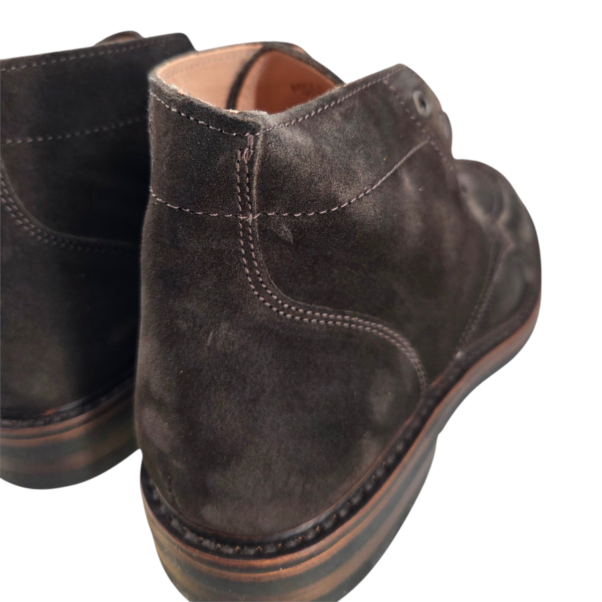 MILWORKS Astorflex Nuvoflex dark chestnut suede moc-toe boots with natural rubber soles, rear view