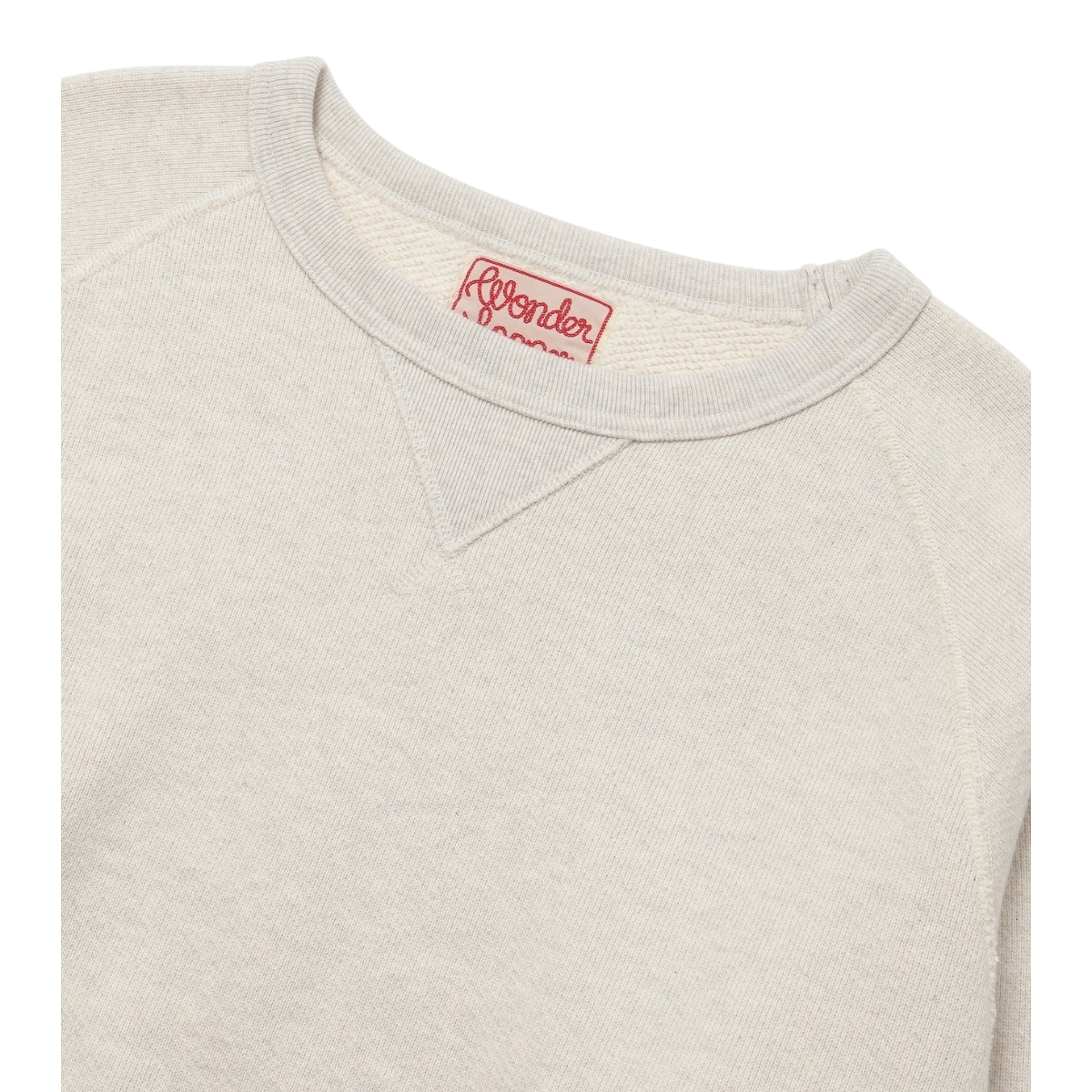 MILWORKS oatmeal double heavyweight French terry crewneck sweatshirt with a ribbed V-gusset and raglan sleeves.