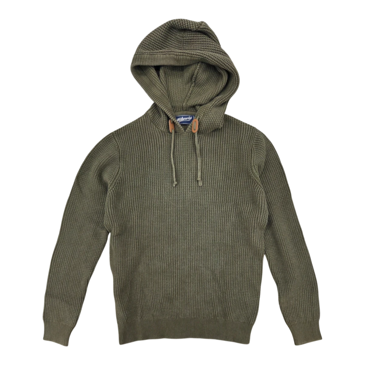 MILWORKS washed olive hooded sweater in a textured cotton blend knit with ribbed cuffs and leather drawstring tabs.