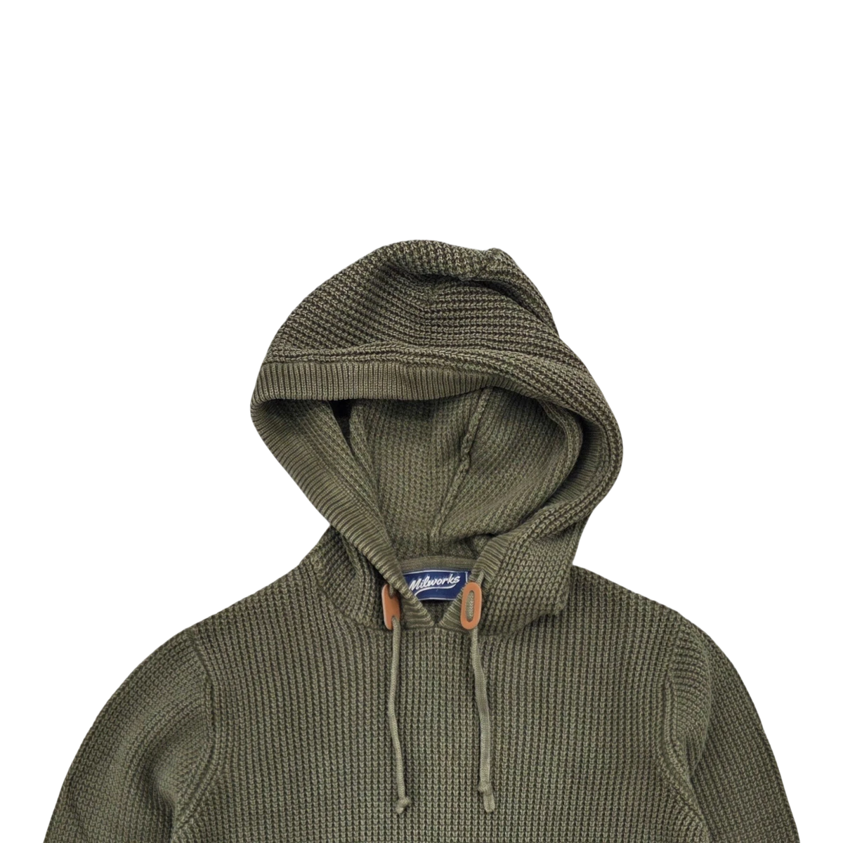 MILWORKS washed olive hooded sweater in textured recycled cotton blend knit with drawstring hood and ribbed details