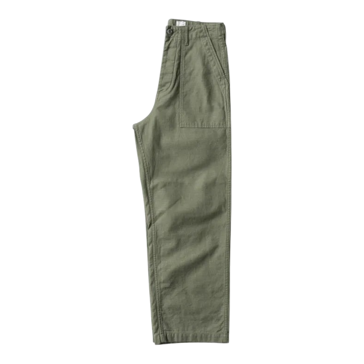 MILWORKS vintage olive drab fatigue pants in military-inspired back sateen fabric with a straight-leg silhouette.