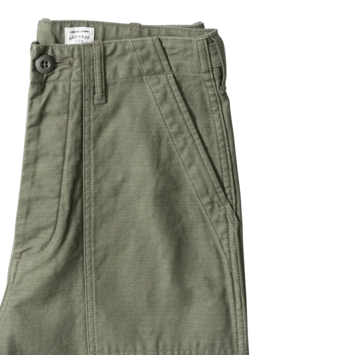 MILWORKS vintage olive drab fatigue pants in back sateen fabric with side pockets and button closure