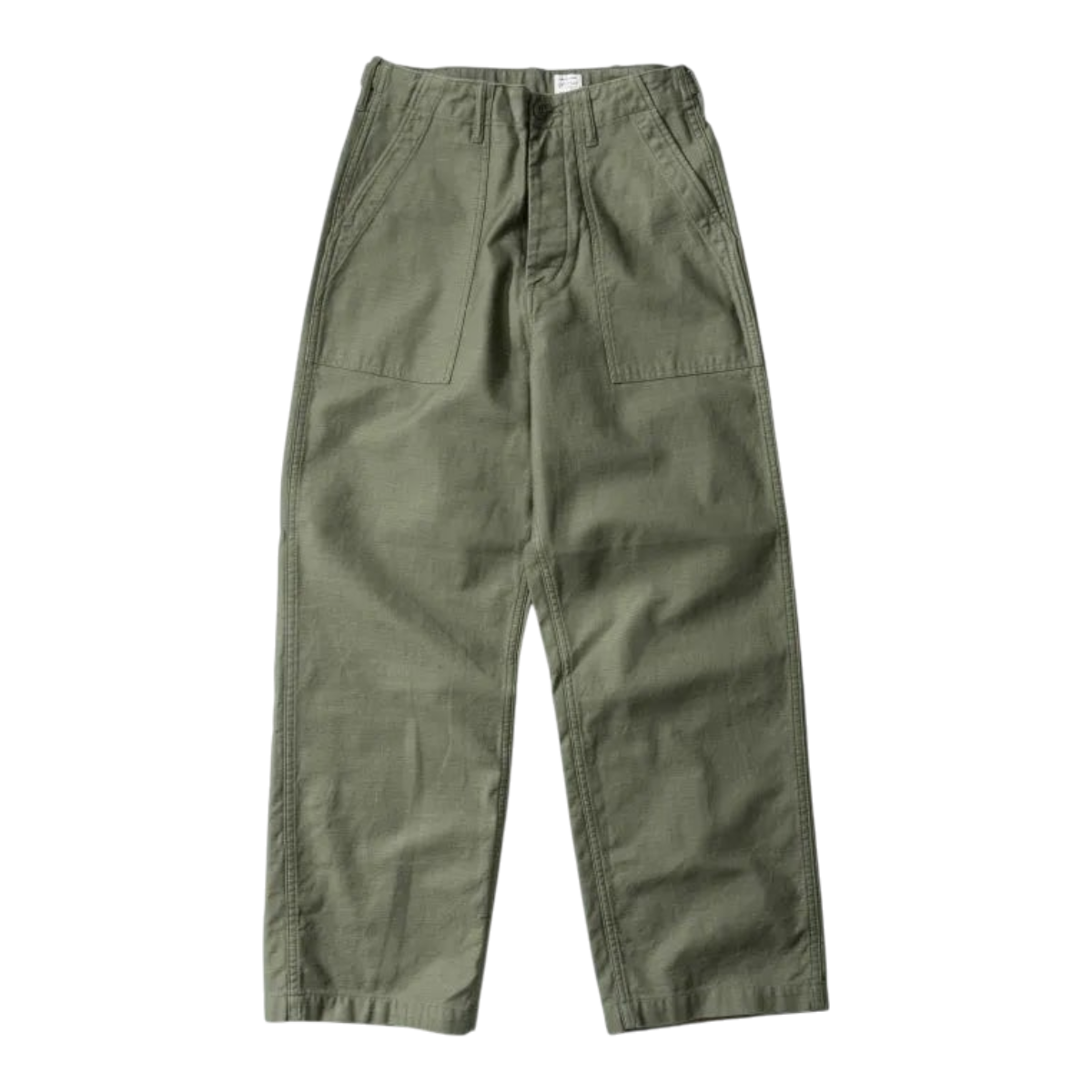 MILWORKS vintage fatigue pants in olive drab back sateen fabric with a relaxed straight-leg fit and waist tabs.