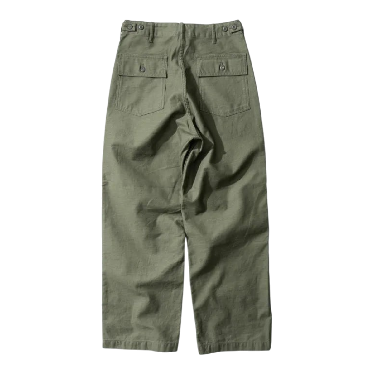 MILWORKS olive drab vintage fatigue pants in back sateen fabric with buttoned back pockets and adjustable waist tabs.