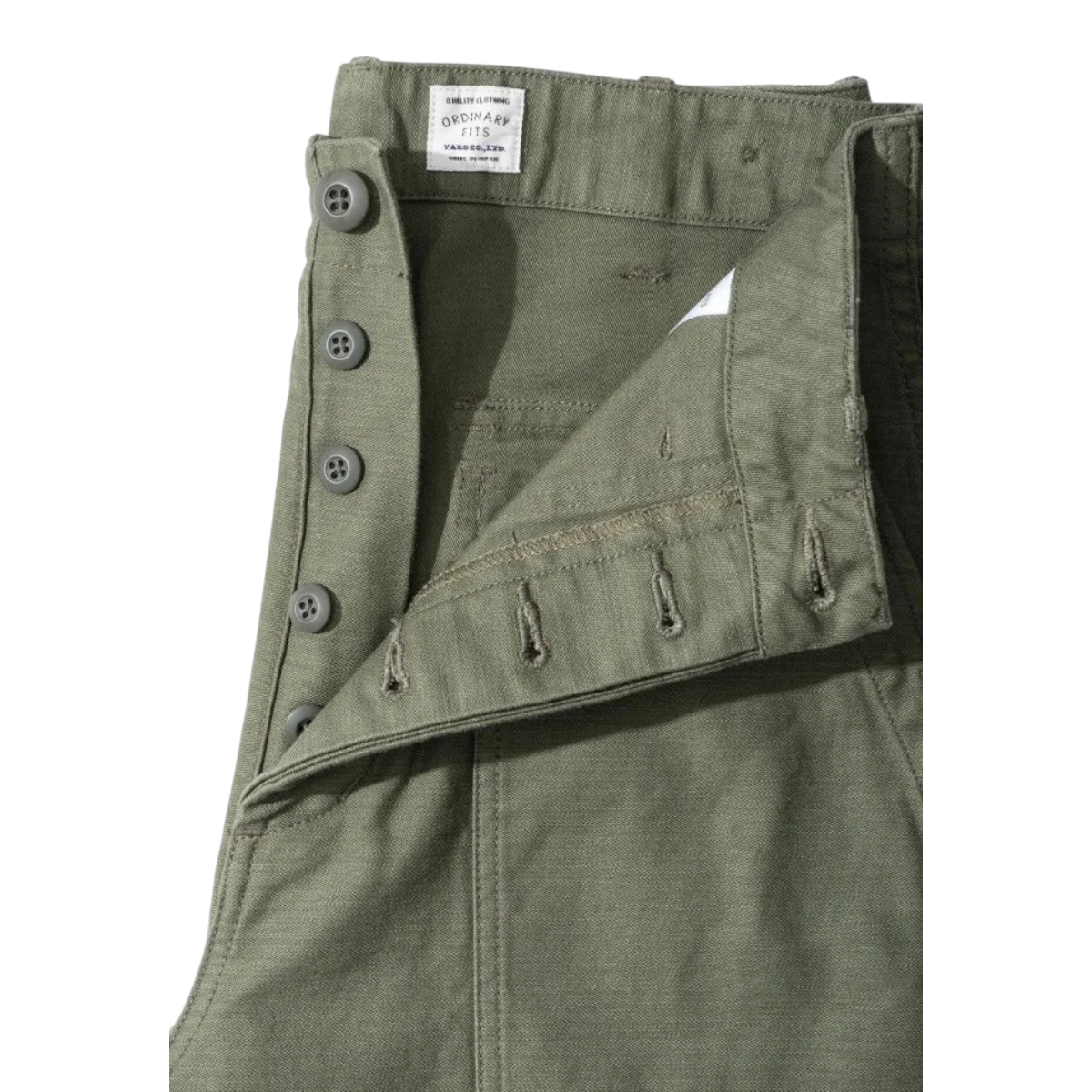 MILWORKS olive drab vintage fatigue pants featuring a button fly and durable back sateen fabric construction.