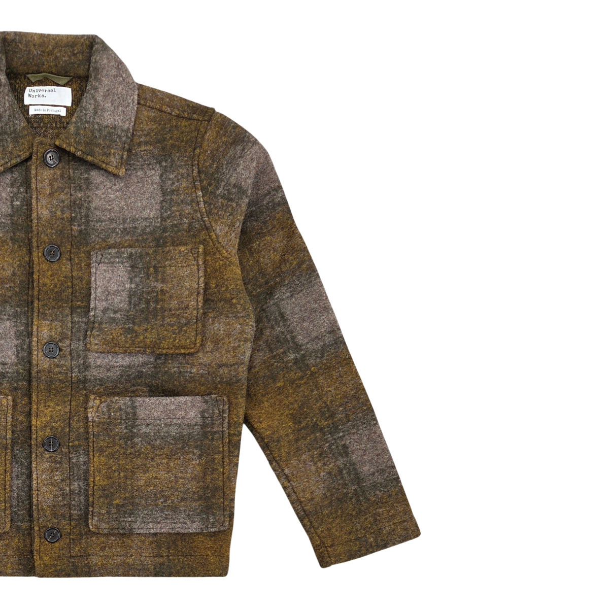 MILWORKS Universal Works Tag Jacket in olive melton wool with a check pattern, featuring button closure and pockets.