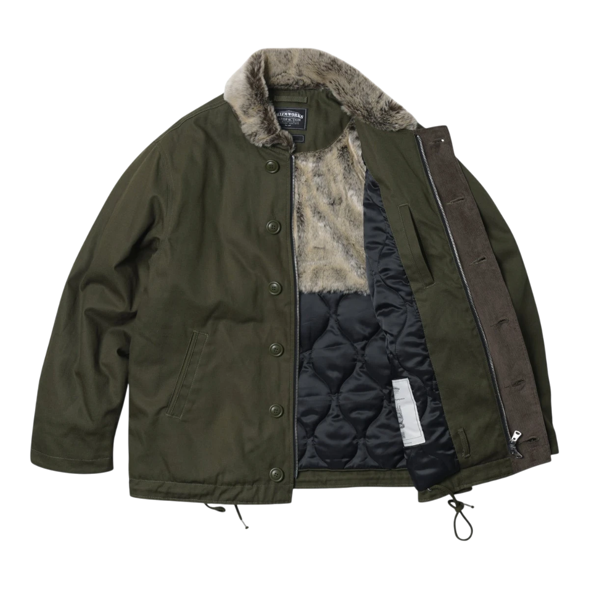 MILWORKS Frizmworks olive cotton twill N-1 deck jacket with faux fur collar and quilted lining