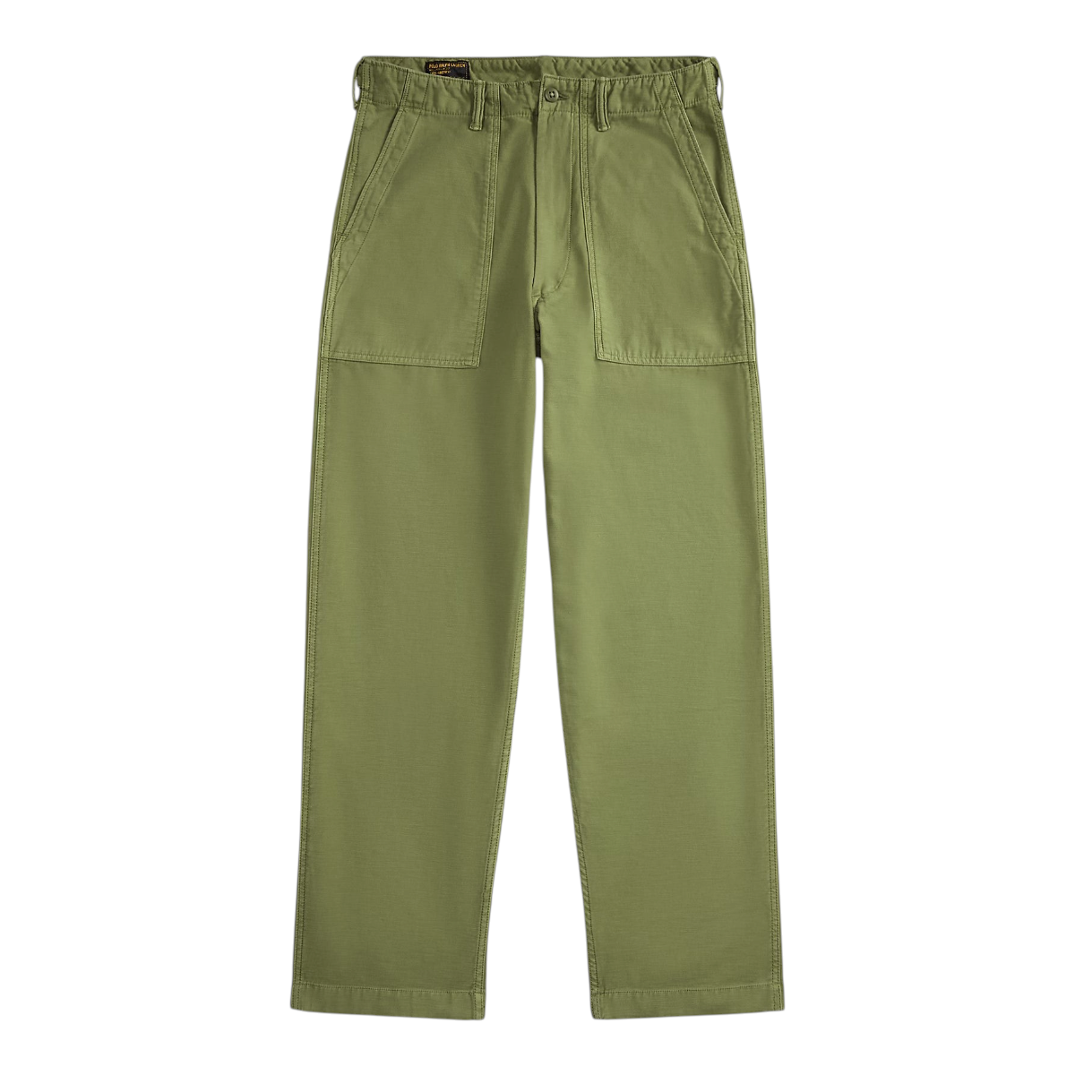 MILWORKS olive green relaxed fit utility pants made from reverse cotton sateen with front angled pockets.