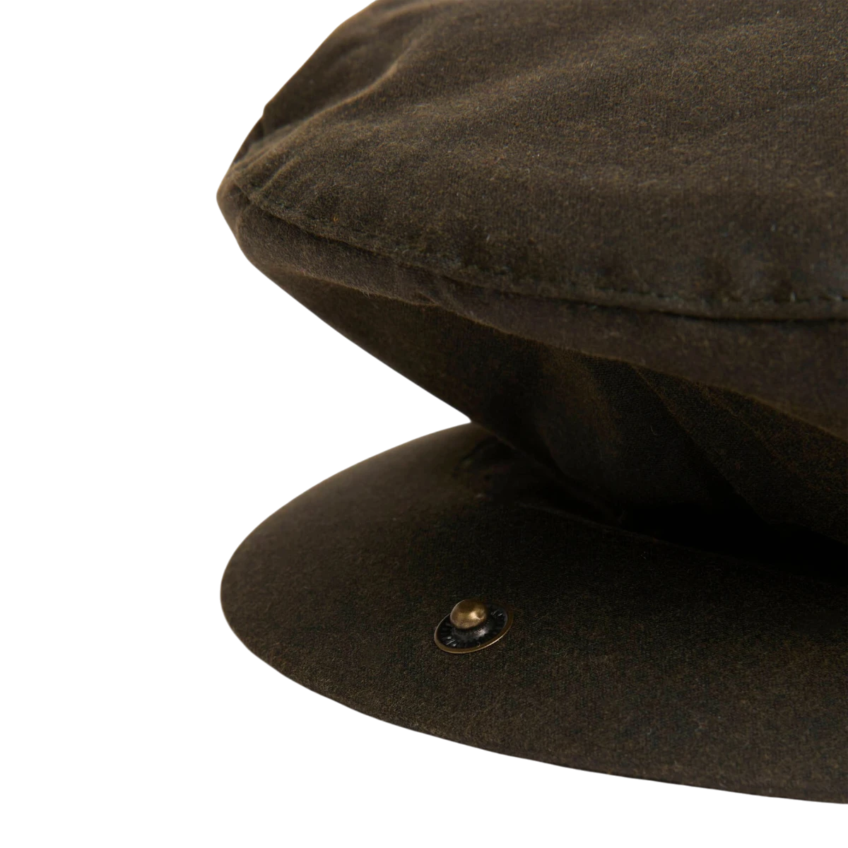 MILWORKS olive green waxed cotton flat cap with a pre-formed peak and metal stud detail