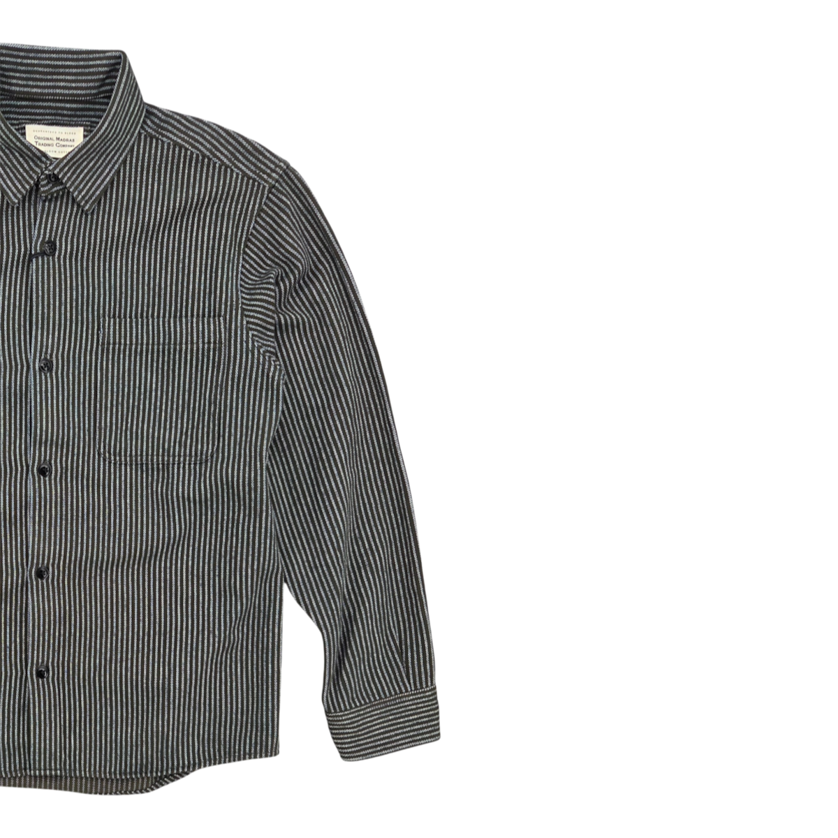 MILWORKS No111 olive and white striped handwoven cotton overshirt with a rounded hem and chest pocket