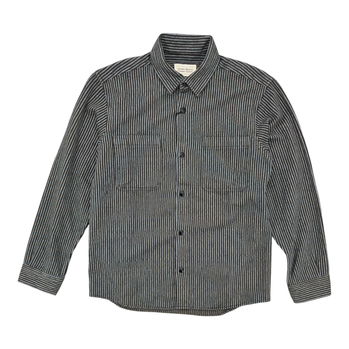 MILWORKS No111 overshirt in olive and white striped handwoven cotton with a rounded hem and two chest pockets