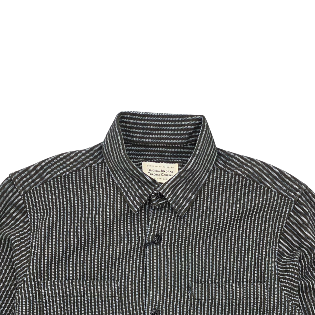 MILWORKS No111 olive and white striped handwoven cotton overshirt with a classic collar and button-down front