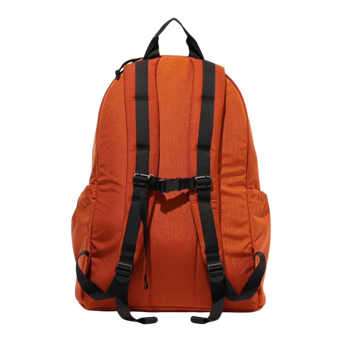 MILWORKS orange two-compartment daypack with padded shoulder straps and adjustable chest buckle, back view.
