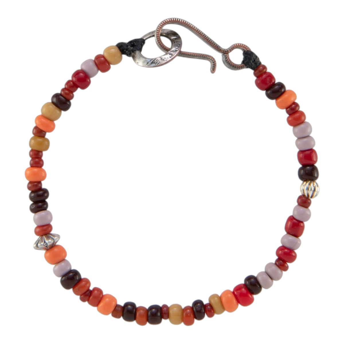 MILWORKS handmade shell bead bracelet in orange and multi-colored tones with a vintage US nickel coin hook closure.