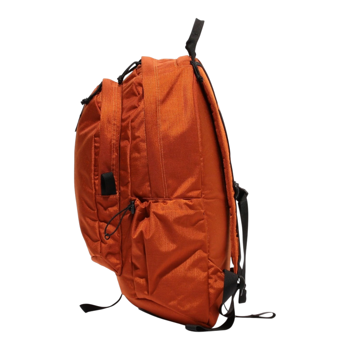 MILWORKS orange two-compartment daypack with a sloping bottom design and side drawstring pockets, side view