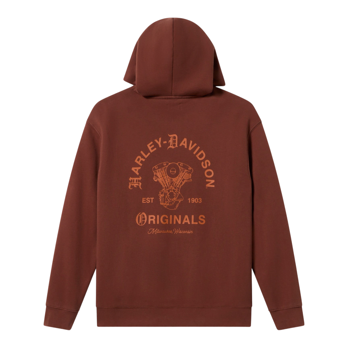 MILWORKS Originals Powertrain hoodie in oxidized iron brown with Shovelhead engine graphic on the back