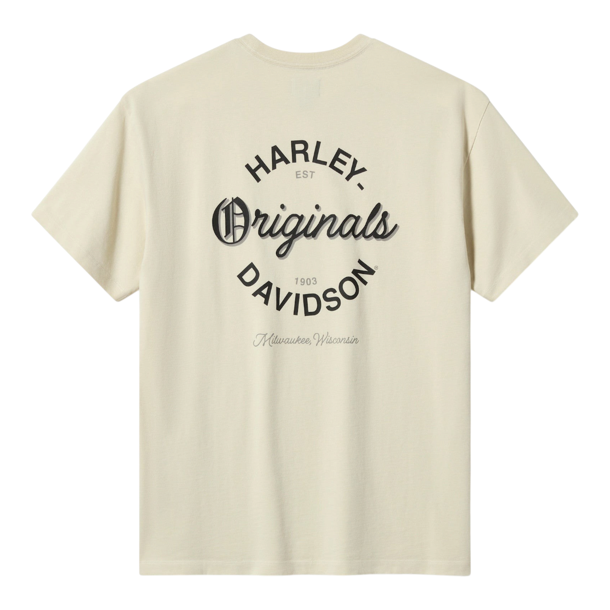 MILWORKS Originals Script Knit Tee in bone featuring a back graphic print with Harley-Davidson branding