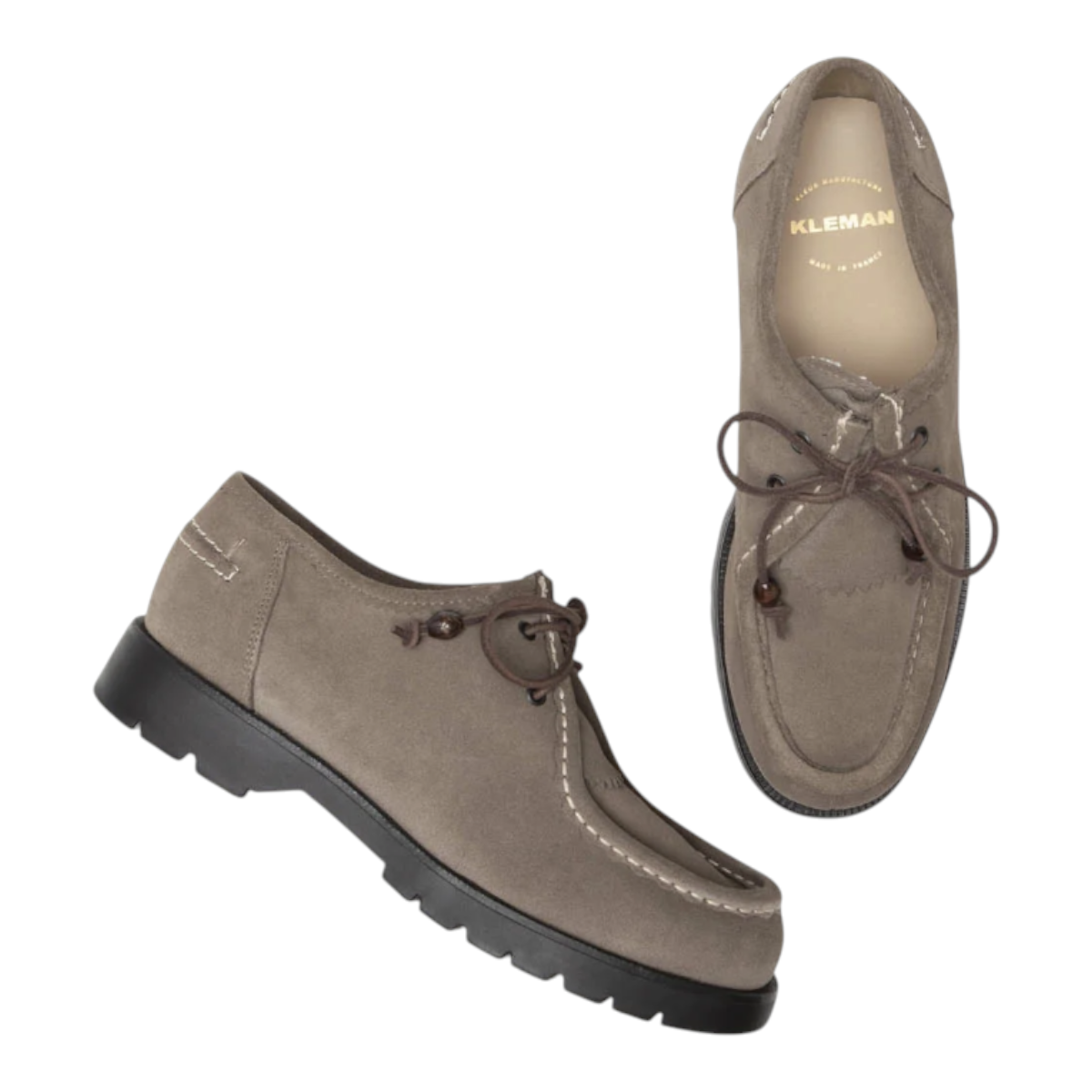 MILWORKS Padror MX V taupe velvet crust leather shoes with removable kiltie, lace-up closure, and black rubber sole.
