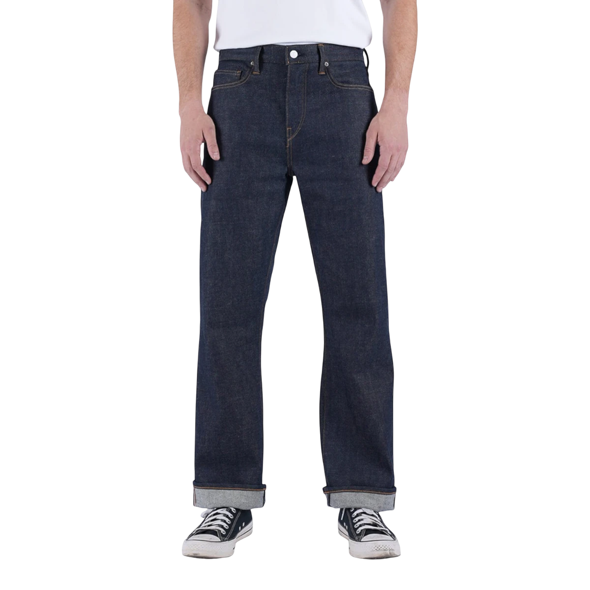 MILWORKS Pail loose straight fit raw indigo Japanese selvedge denim jeans with a high rise and cuffed hems.