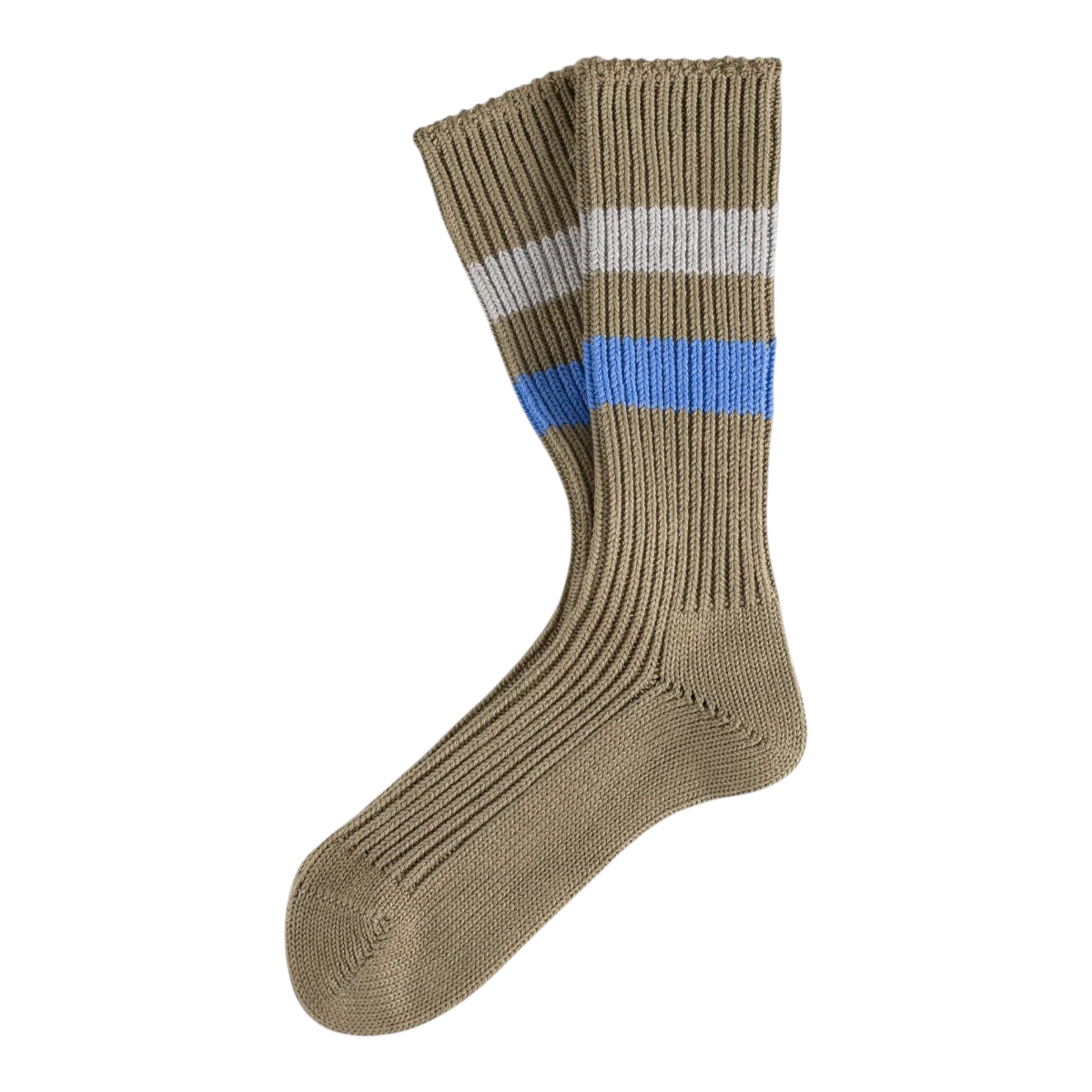 MILWORKS Urban collection pale green cotton ribbed socks with white and blue contrast stripes on the leg
