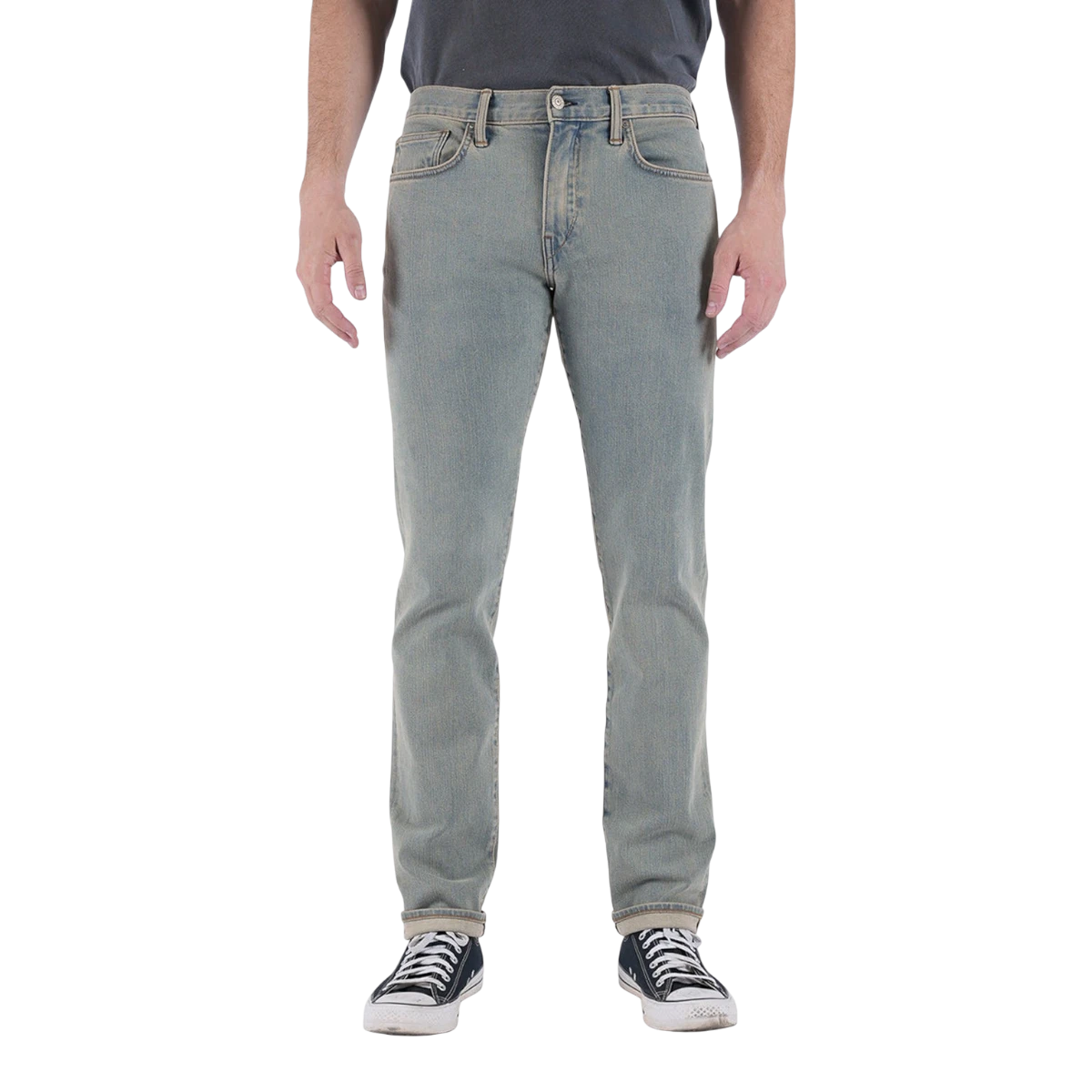 MILWORKS Pen Slim 10.5oz Sven jeans in light wash denim worn by a model with black sneakers