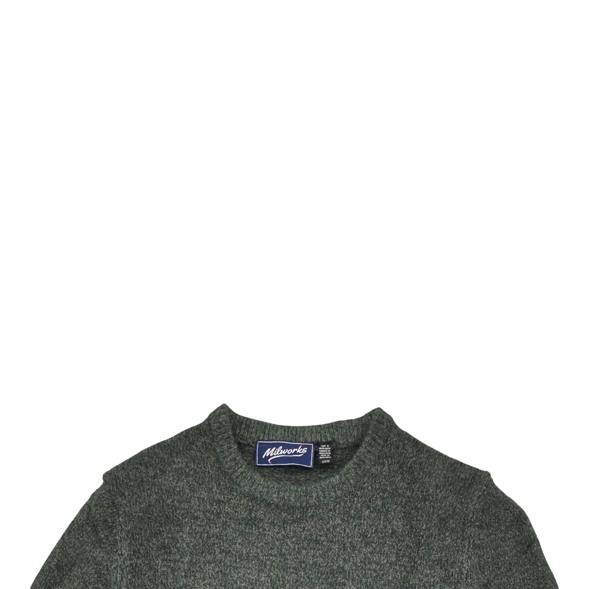 MILWORKS Crew Sweater in pine twist green cotton blend featuring a classic crewneck and ribbed collar detail.