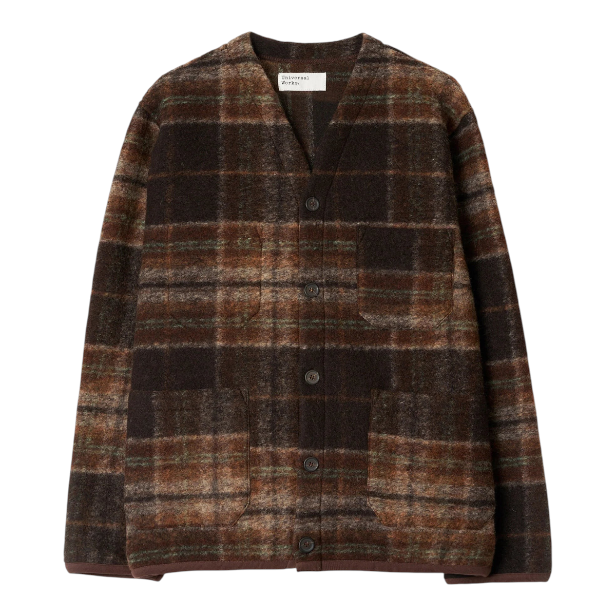 MILWORKS Pino wool fleece cardigan in a brown plaid pattern with a v-neck, button front, and multiple patch pockets.