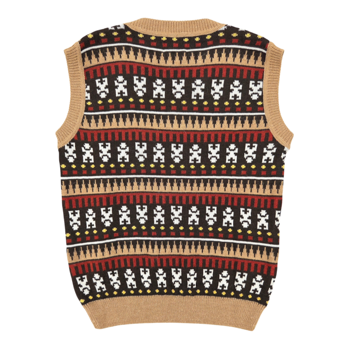 MILWORKS Far Afield Pinot knitted vest in camel multi with a traditional Fair Isle geometric pattern