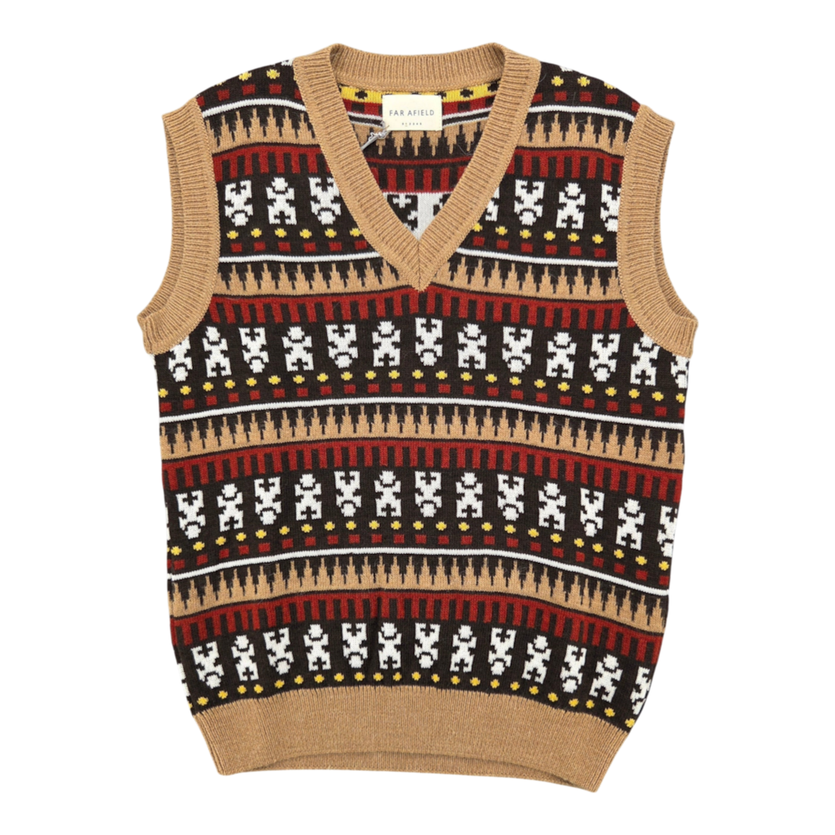 MILWORKS Far Afield Pinot knitted vest in camel multi Fair Isle pattern with a V-neck and ribbed trim.