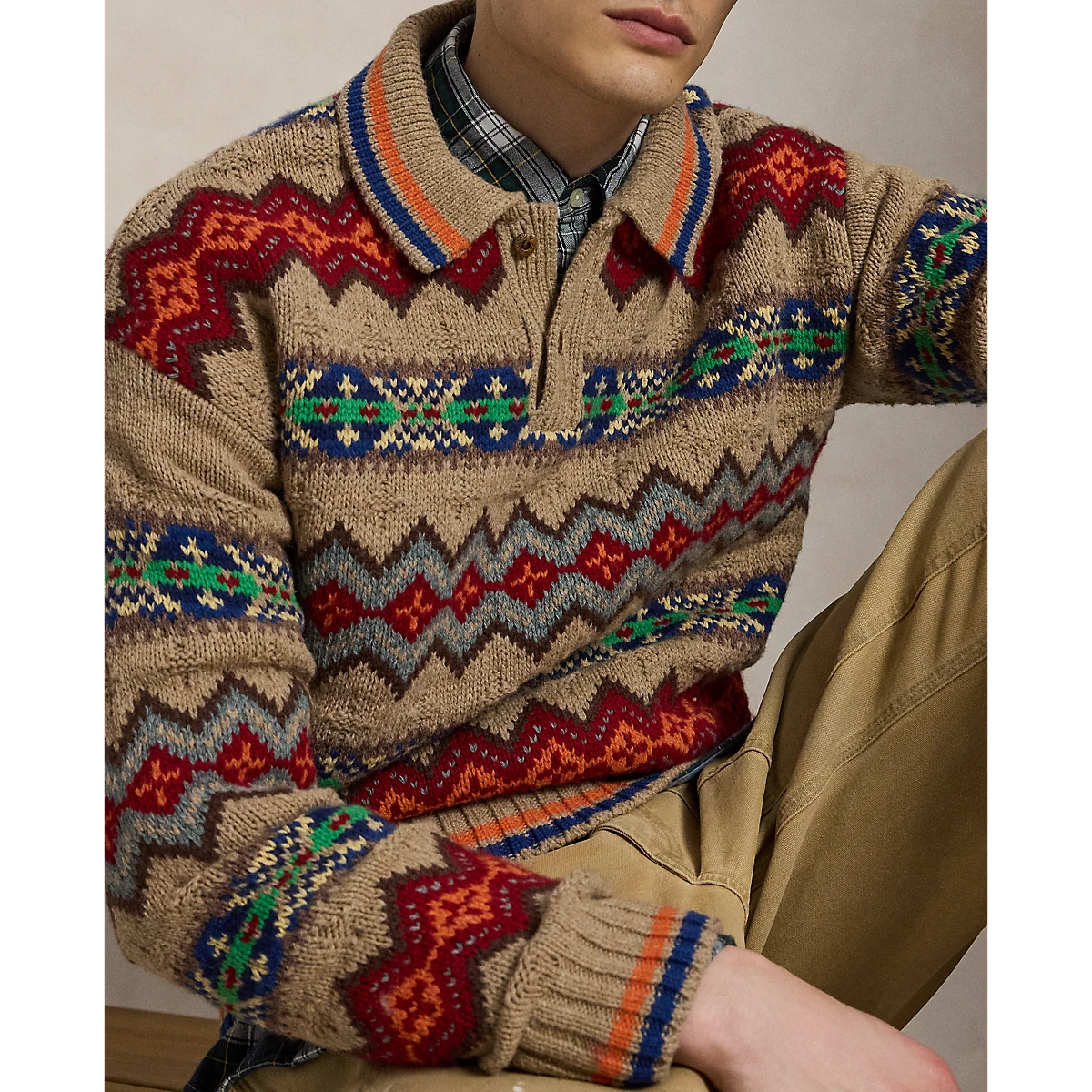 MILWORKS Polo Ralph Lauren tan Fair Isle knit sweater polo with a multi-colored geometric pattern and button placket