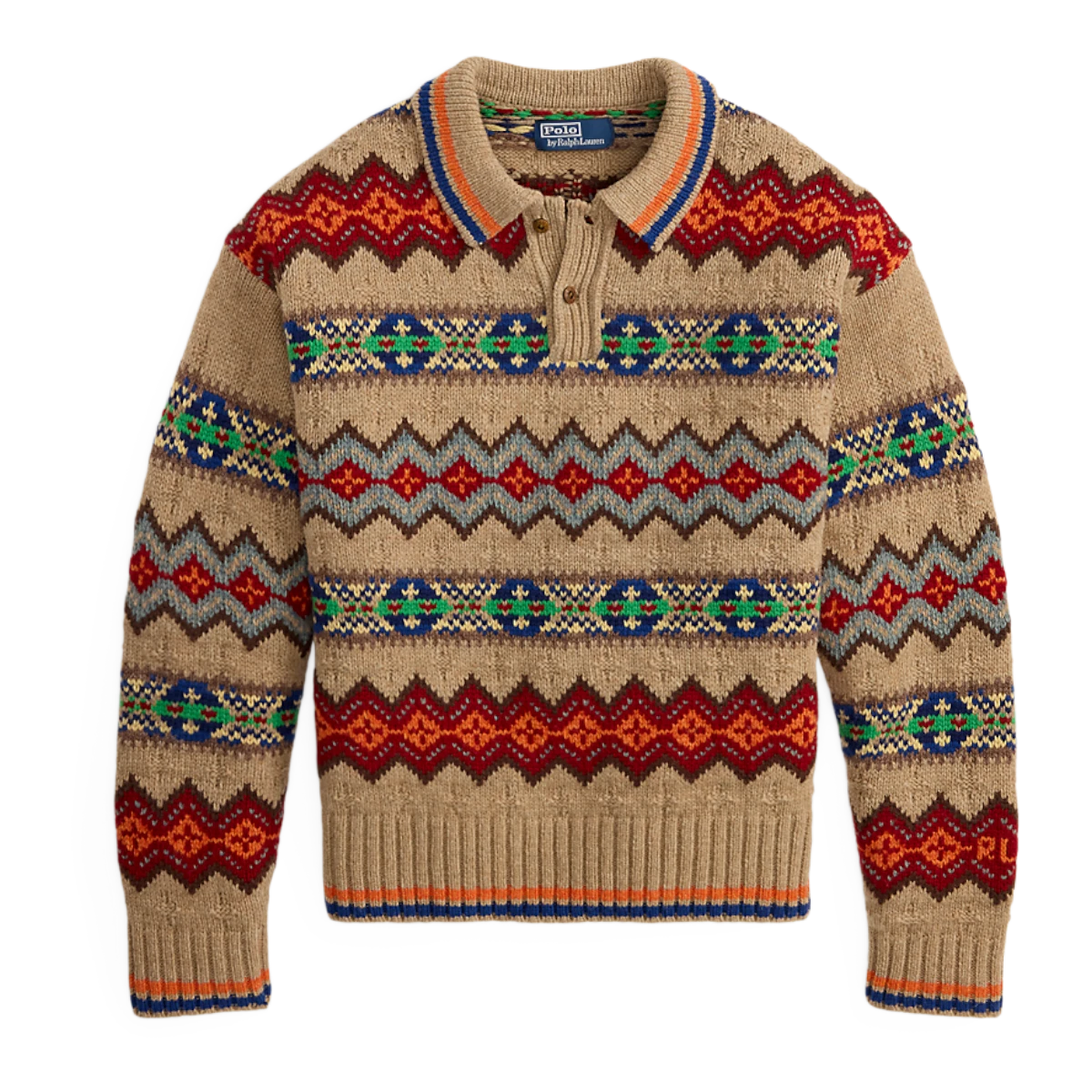 MILWORKS Polo Ralph Lauren tan Fair Isle knit sweater polo with a button placket and colorful geometric patterns.