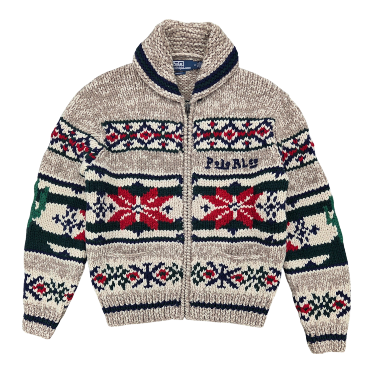 MILWORKS Polo Ralph Lauren tan multi-colored wool zip-up sweater featuring a shawl collar and Nordic fair isle pattern.