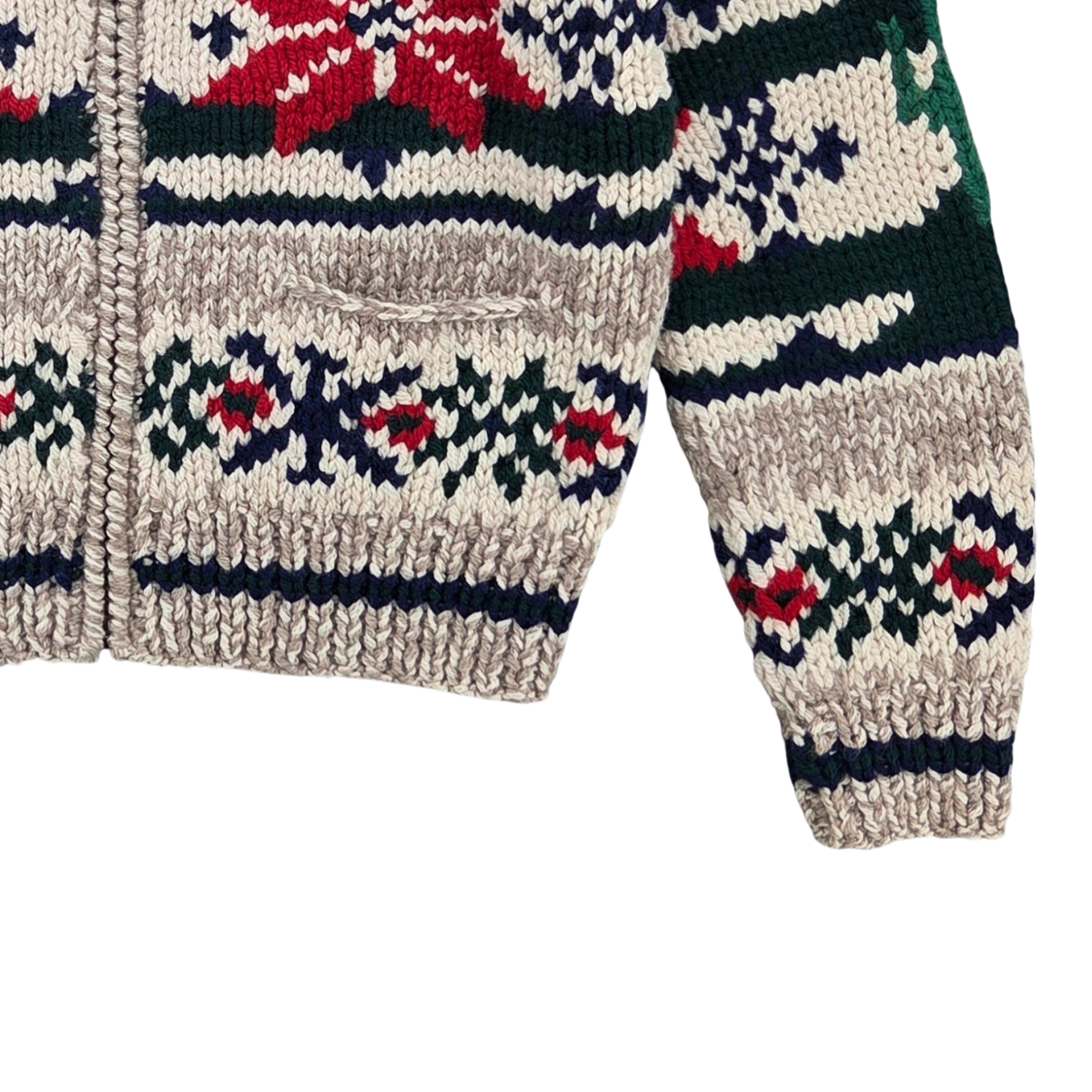 MILWORKS Polo Ralph Lauren wool zip sweater featuring a tan multi-colored fair isle pattern and shawl collar