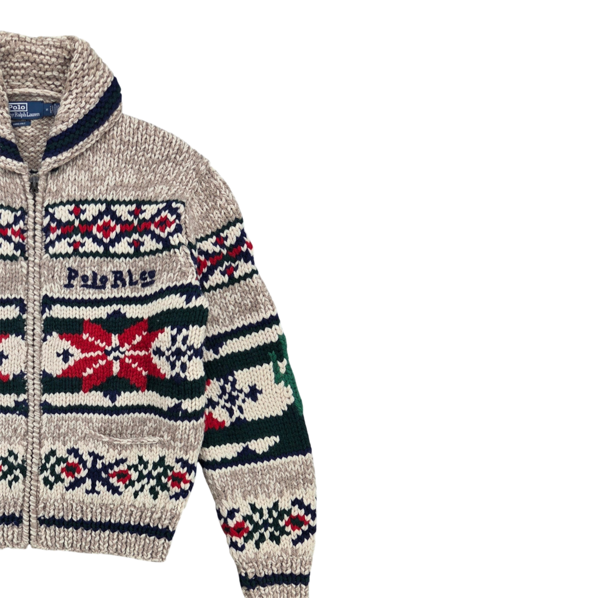 MILWORKS Polo Ralph Lauren tan multi-colored wool zip-up sweater with a shawl collar and traditional fair isle pattern.