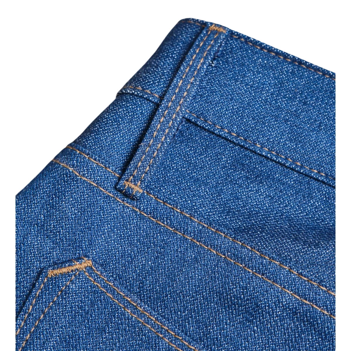 MILWORKS Portola Classic Taper jeans in vintage blue Japanese denim with contrast stitching and button fly detail.