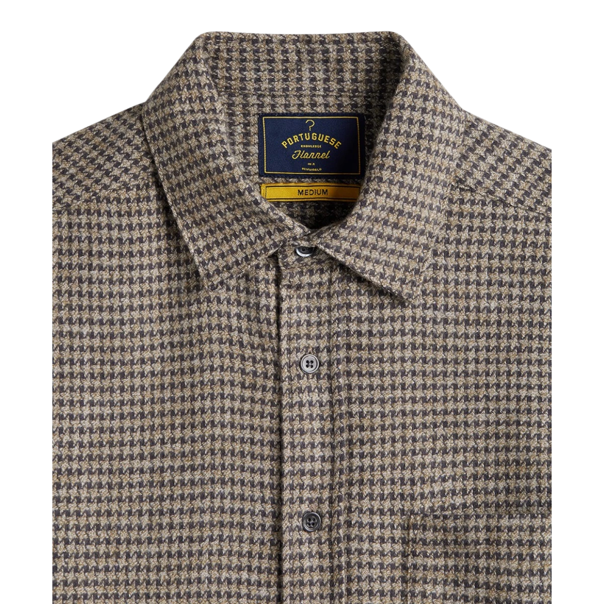 MILWORKS Portuguese Flannel charcoal houndstooth cotton shirt with mother of pearl buttons and classic collar