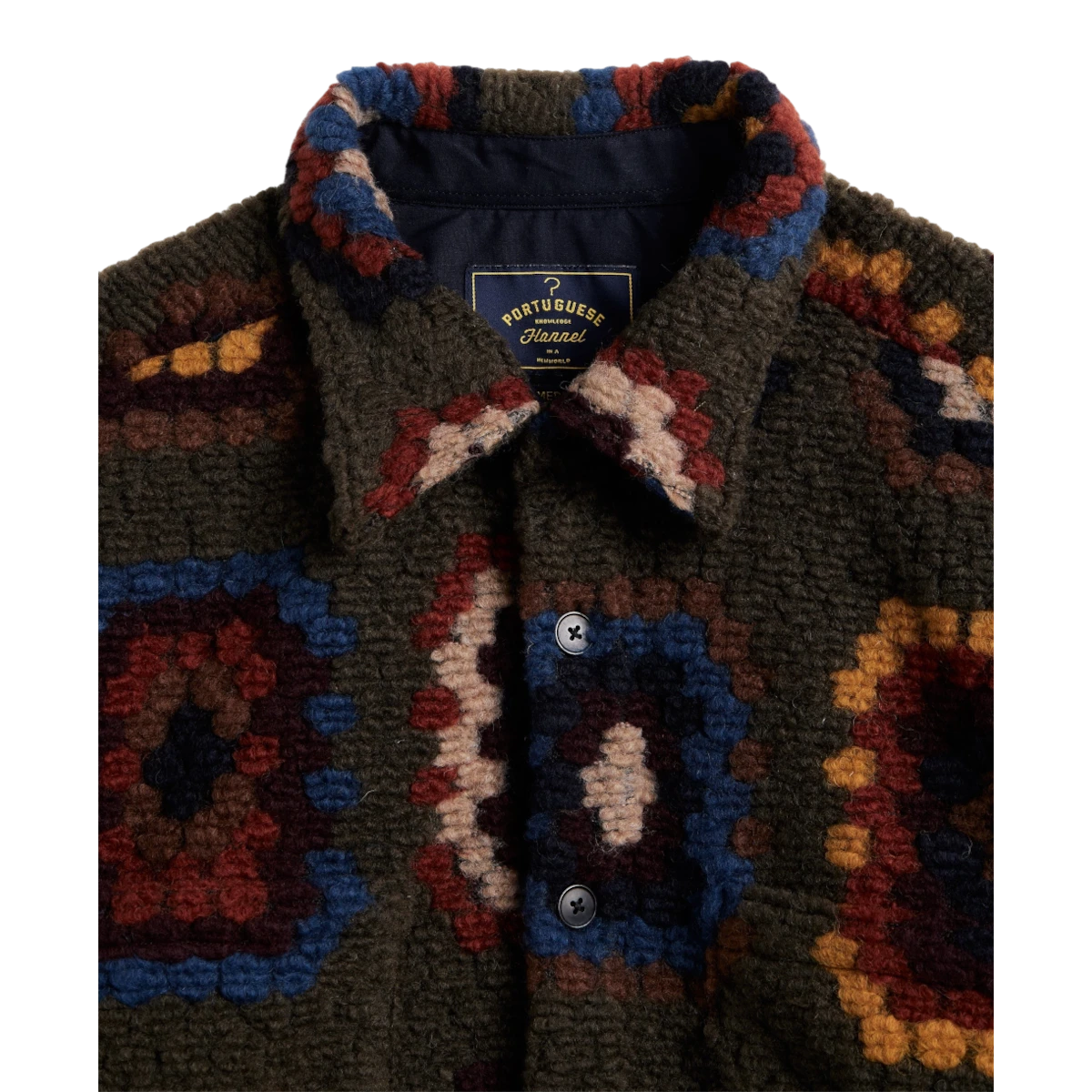 MILWORKS Portuguese Flannel Grandmas Quilt knit shirt in olive wool blend with colorful geometric patterns