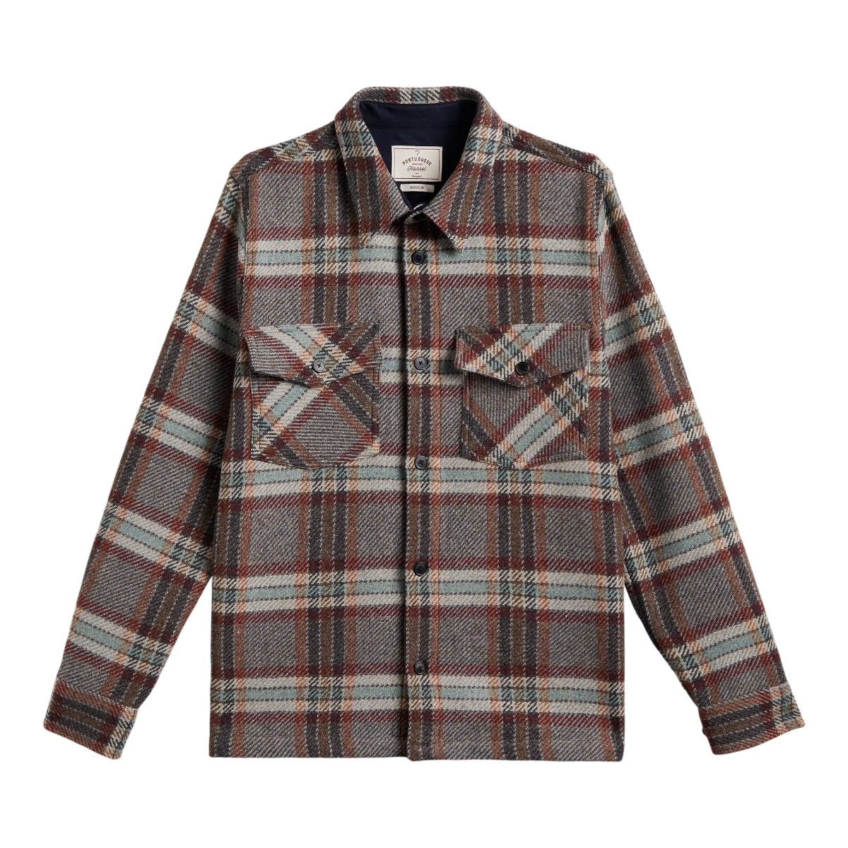 MILWORKS Portuguese Flannel wool field overshirt in a multi-colour plaid pattern with two chest pockets and buttons
